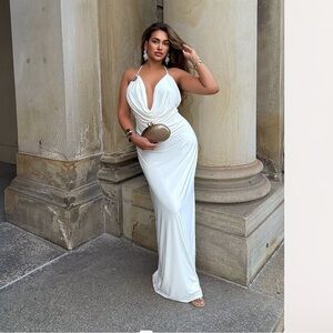 Sabina White Halter Cowl Neck Maxi Dress with Hardware